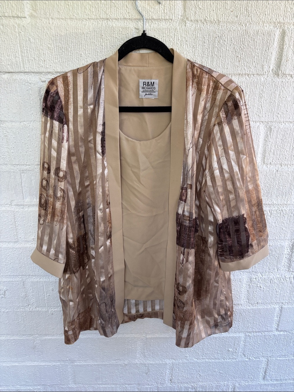 R&M Richards by Karen Kwong Beige & Brown Sheer Striped Open Blazer sz M